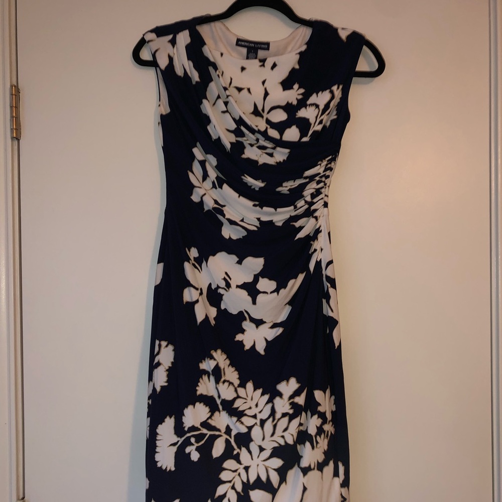 Navy blue dress with white and gold design